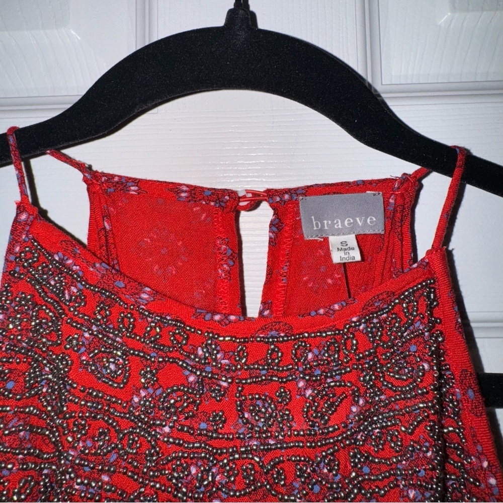 Braeve Red Medallion Print Beaded Halter Mini Dress Womens Small Boho Ruffle Hem - Picture 4 of 4
